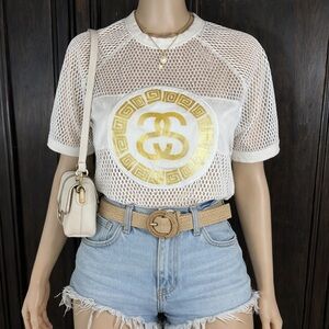Stussy White Mesh Top with Gold Logo